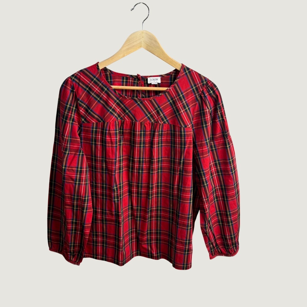 J.Crew Red Tartan Plaid Peplum Babydoll Top XL Puff Sleeve Holiday Cottagecore
